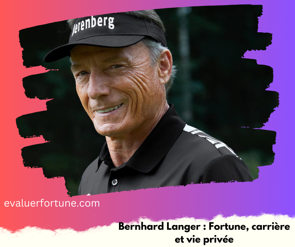 Homme portant une visière noire avec l'inscription "erenberg", habillé en polo noir. Texte en bas de l'image : "Bernhard Langer : Fortune, carrière et vie privée".