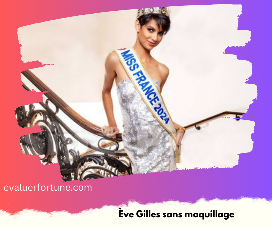 Une personne portant une écharpe "Miss France 2024" et une robe argentée, posant sur un escalier décoré.